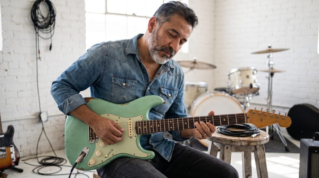 A man with a grey-streaked beard improvises a lead on an electric guitar in a white brick rehearsal room, the kind of jam the pentatonic scale makes easy