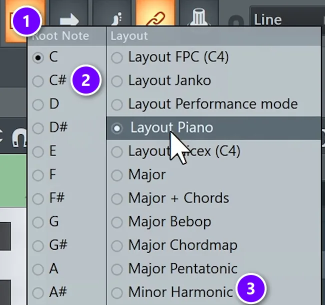 FL Studio typing keyboard menu with the keyboard button, the C# root note and Minor Harmonic numbered