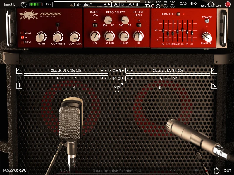 Kuassa Cerberus Bass Amplifikation with its Valve, FET and Drive amp head, graphic EQ and two mics on the cabinet
