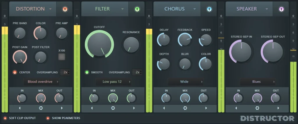 FL Studio Distructor with Distortion, Filter, Chorus and Speaker modules in its four slots