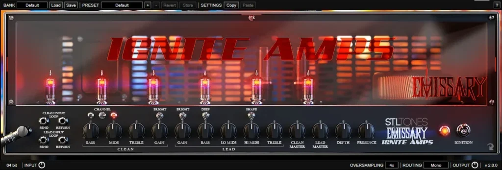 Emissary free high-gain amp sim by Ignite Amps and STL Tones with clean and lead channel knobs