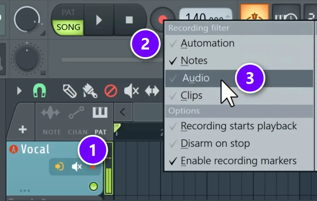 FL Studio Playlist audio track arm button (1), main record button (2) and the Audio recording filter (3) numbered