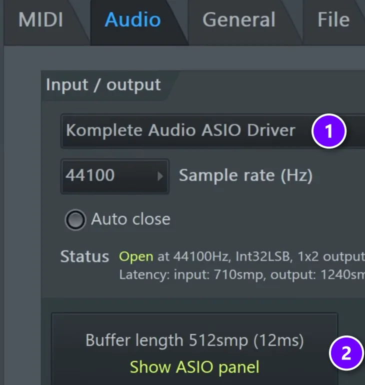 FL Studio Audio settings with the interface's ASIO driver (1) and Buffer length with Show ASIO panel (2) numbered