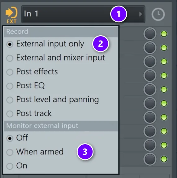 FL Studio mixer track input In 1 (1), External input only (2) and Monitor external input When armed (3) numbered