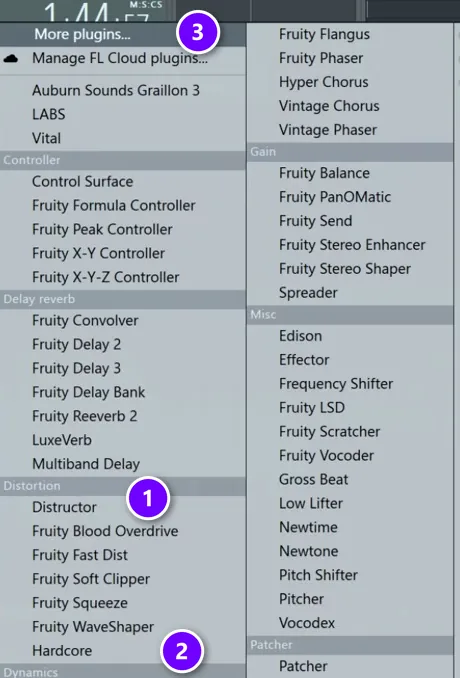 FL Studio Mixer slot plugin menu with Distructor (1) and Hardcore (2) under Distortion and More plugins (3) numbered