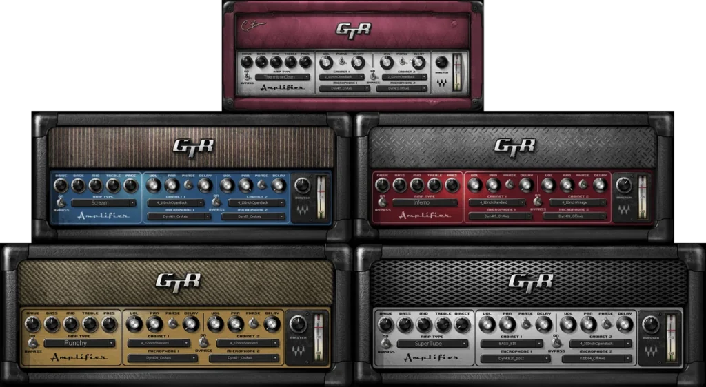 Waves GTR3 Amps plugin shown as five amp heads with Drive, Bass, Mid, Treble, cabinet and microphone controls