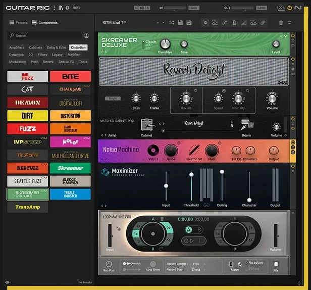 Native Instruments Guitar Rig 7 Pro rack with a Skreamer Deluxe pedal, the Reverb Delight amp, a matched cabinet and Loop Machine Pro