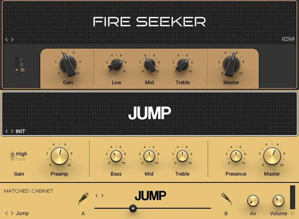 Guitar Rig 7 Player with the Fire Seeker and Jump amps and the Jump matched cabinet