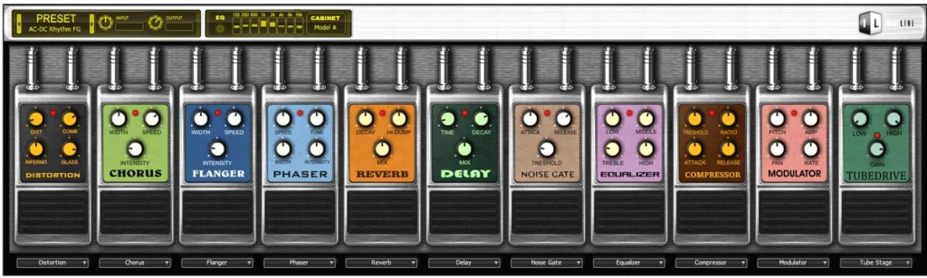 FL Studio Hardcore guitar pedalboard with 11 stomp-box pedals and the Cabinet model selector at the top