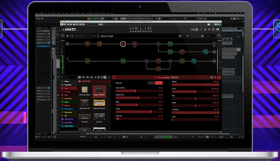 Line 6 Helix Stadium Native plugin window with its signal path, amp browser and the Essex TB30CC amp settings
