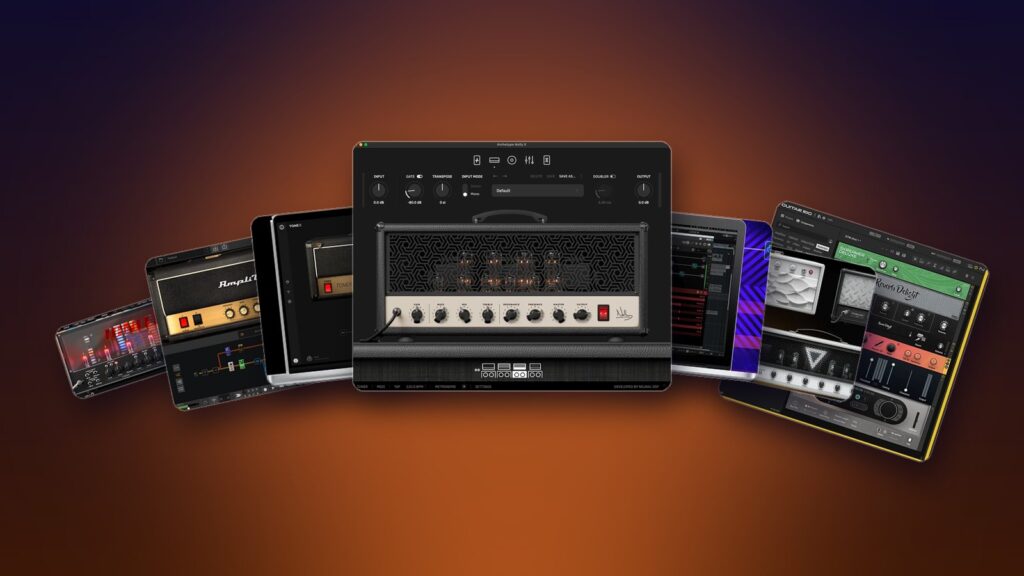 Collage of real amp simulator plugins fanned out like cards: Emissary, AmpliTube 5, TONEX 2, Archetype: Nolly X, Helix Stadium Native, BIAS X and Guitar Rig 7 Pro