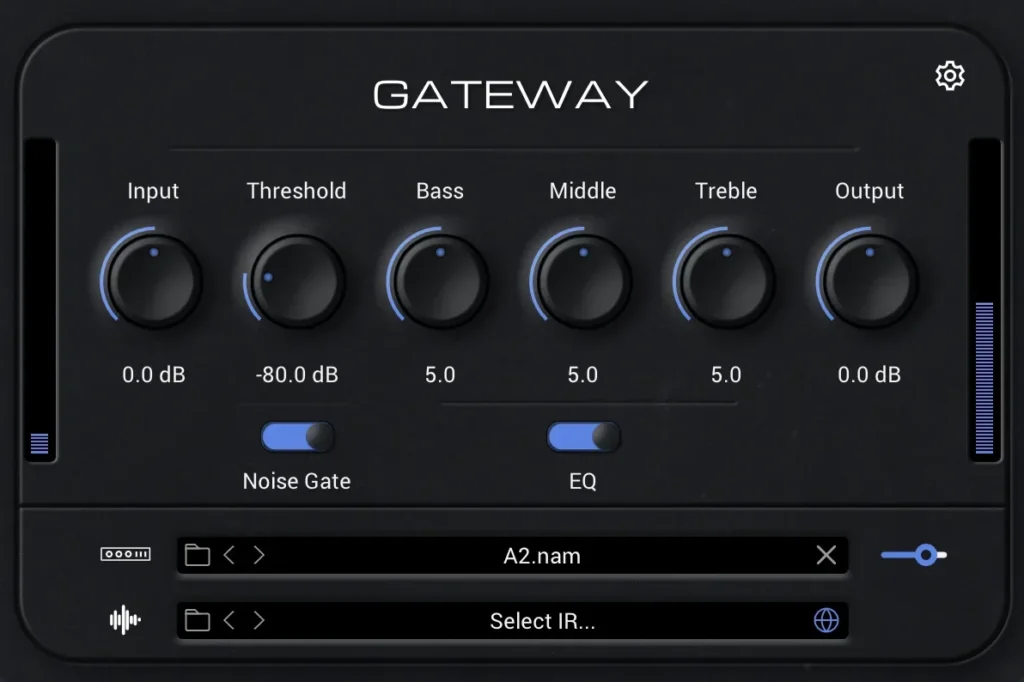 Gateway, the free Neural Amp Modeler plugin, with Input, Threshold, Bass, Middle, Treble and Output knobs and model and IR slots