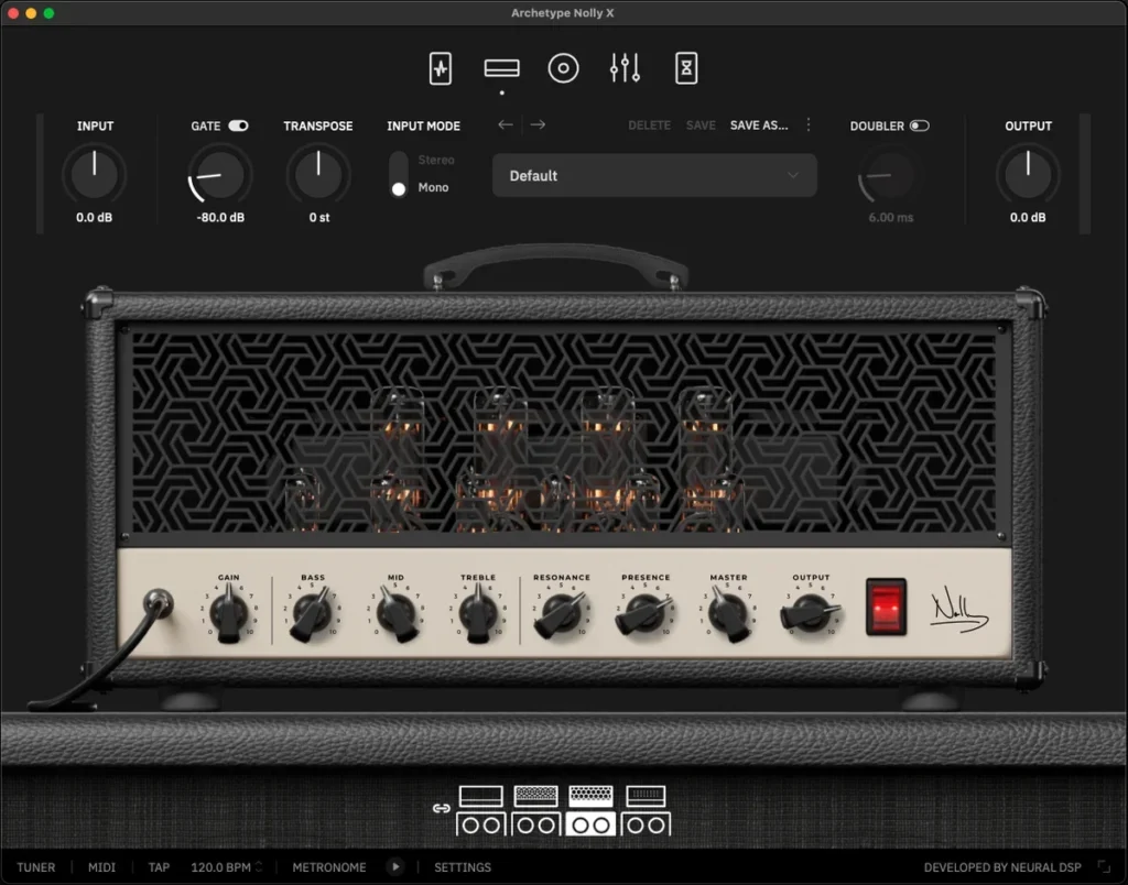 Neural DSP Archetype: Nolly X amp head with Gain, Bass, Mid, Treble, Resonance, Presence and Master knobs