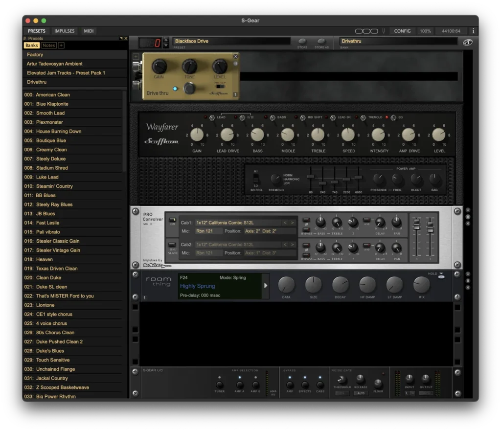 Scuffham S-Gear with the Wayfarer amp, a Drive thru pedal, the ProConvolver cabinet section and its preset list