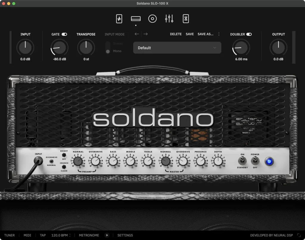 Neural DSP Soldano SLO-100 X plugin with the Soldano amp head and its Normal and Overdrive preamp knobs