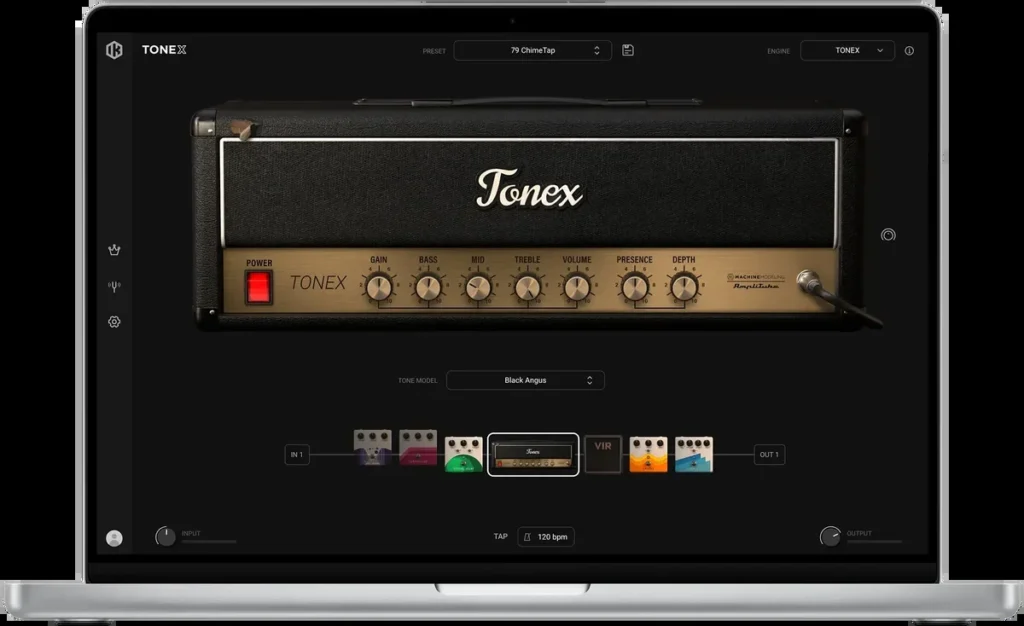 IK Multimedia TONEX 2 Player with a Tone Model amp head and its pedal and VIR cabinet chain
