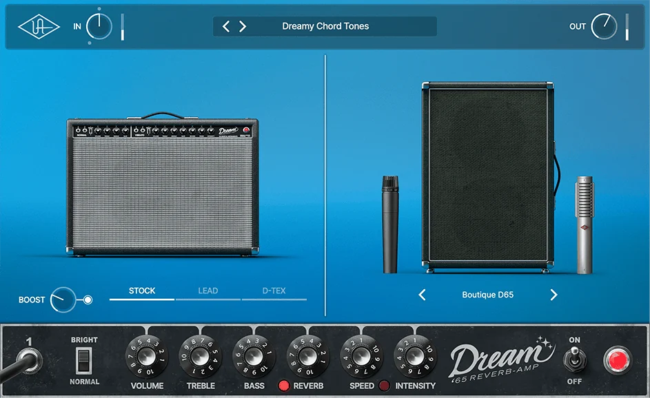 Universal Audio UAD Dream '65 Reverb Amplifier plugin with the combo amp, a mic'd cabinet and the amp's knobs