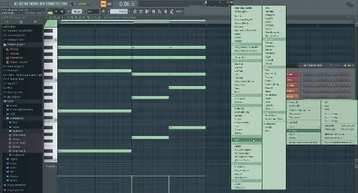 FL Studio Piano roll with piano notes and the plugin menu open, from a lesson of Mix Elite's FL Studio Beginner Accelerator course