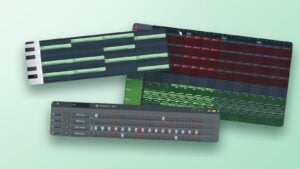 Three real FL Studio screens from Max's free course as floating panels on a mint background: a four-chord loop in the Piano Roll, a trap drum pattern in the Channel Rack and a beat arranged in the Playlist