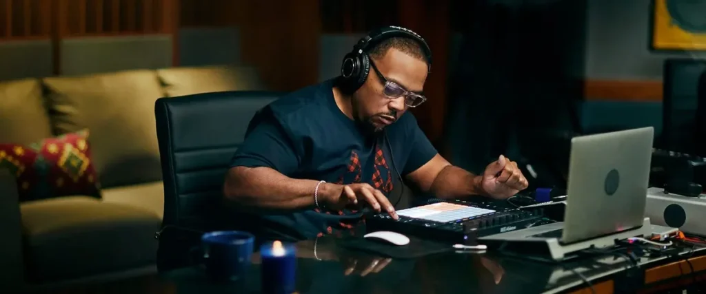 Timbaland at a drum pad controller in his studio, from his MasterClass on producing and beatmaking