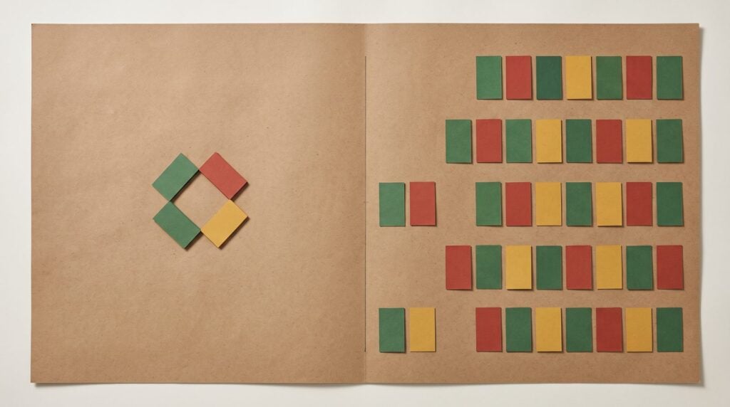 Four coloured paper cards in a small loop on the left half of a kraft sheet, and the same cards laid out in long staggered rows like a full song arrangement on the right
