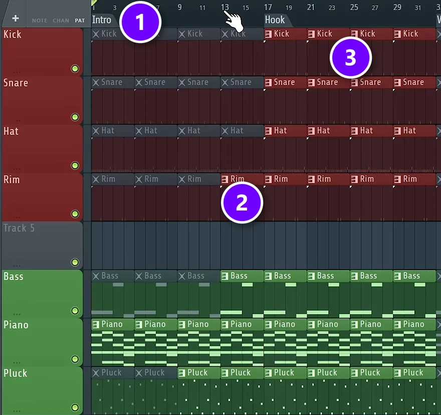 FL Studio Playlist arrangement with the Intro marker numbered 1, a rim clip teased before the hook numbered 2 and the full hook numbered 3