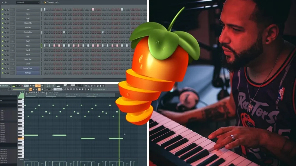 Skillshare cover of Curtiss King's Beat Making 101 class: Curtiss at a keyboard next to FL Studio's Channel Rack and Piano Roll