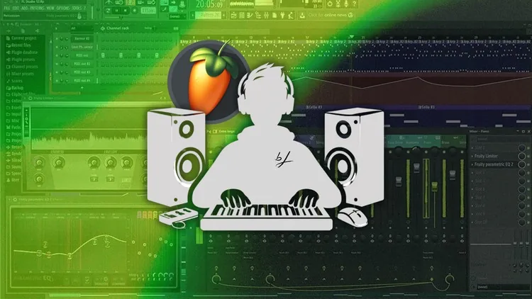 Udemy course image for Making Beats in FL Studio: a cartoon producer at a keyboard between two speakers over FL Studio screens
