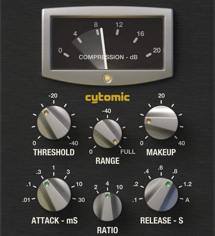 Cytomic The Glue bus compressor with its compression meter and Threshold, Range, Makeup, Attack, Ratio and Release knobs