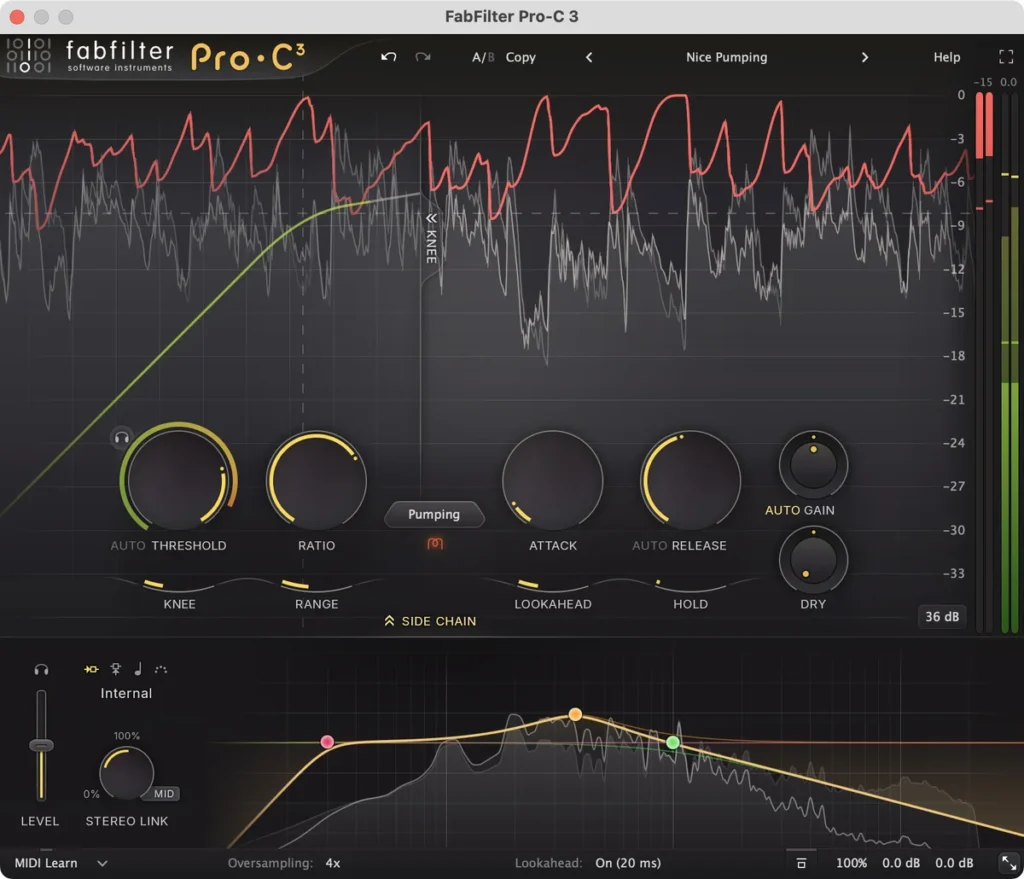 FabFilter Pro-C 3 compressor with its level and gain reduction graph, Threshold, Ratio, Attack and Release knobs and sidechain EQ