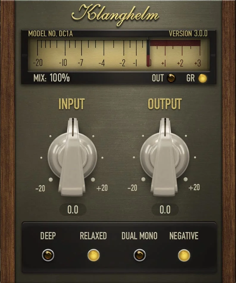 Klanghelm DC1A free compressor with its Input and Output knobs and the Deep, Relaxed, Dual Mono and Negative switches