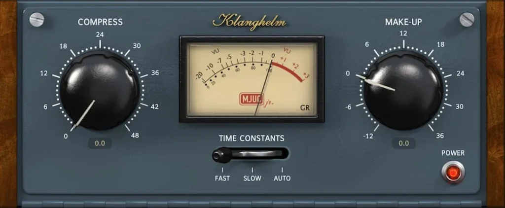 Klanghelm MJUC jr. free tube compressor with Compress and Make-up knobs, a VU meter and the Fast, Slow and Auto switch