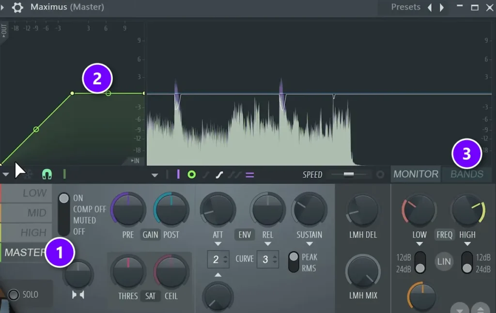 Maximus in FL Studio with the band buttons, the compression curve and the BANDS tab numbered 1 to 3