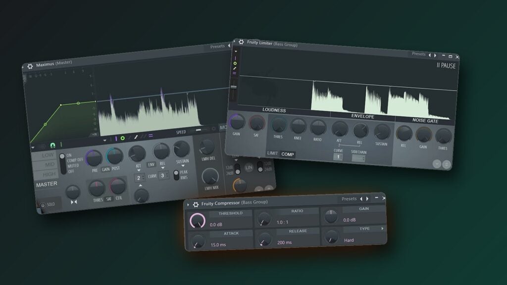 Collage of FL Studio's three stock compressors from Mix Elite's videos, Maximus, Fruity Limiter in COMP mode and Fruity Compressor, floating over a dark green background