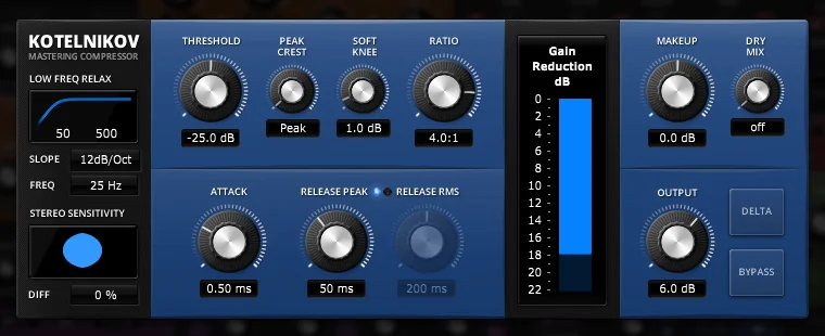TDR Kotelnikov compressor by Tokyo Dawn Labs with Threshold, Ratio, Attack and Release controls and a gain reduction meter