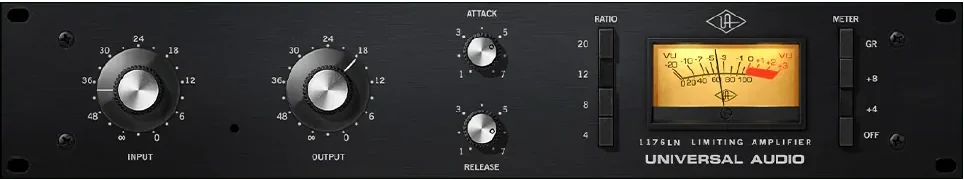 Universal Audio 1176 Classic FET Compressor plugin with Input and Output knobs, Attack and Release, ratio buttons and VU meter