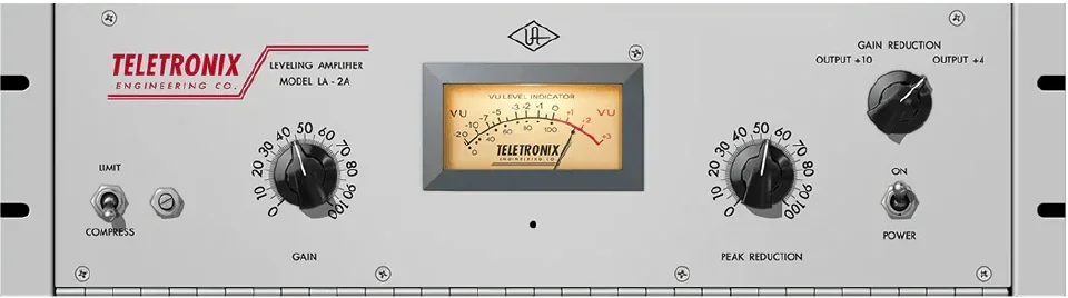 Universal Audio Teletronix LA-2A Tube Compressor plugin with Gain and Peak Reduction knobs, the Limit and Compress switch and VU meter