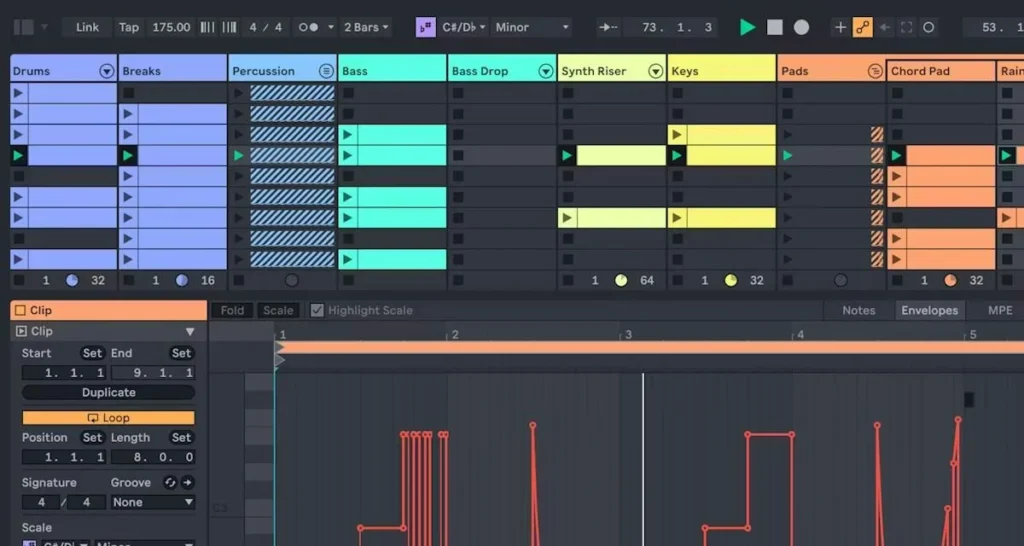 Ableton Live 12 Session View with colored clips for drums, bass, keys and pads above the clip view