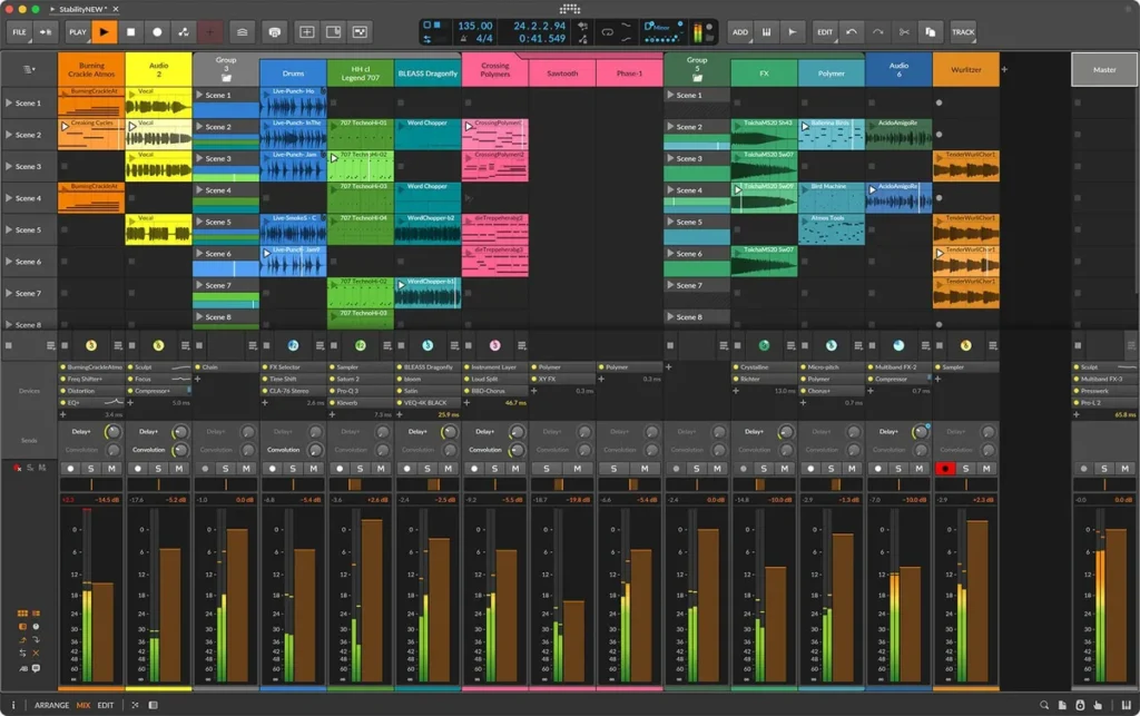Bitwig Studio 6 clip launcher with rows of colored audio and note clips above the mixer
