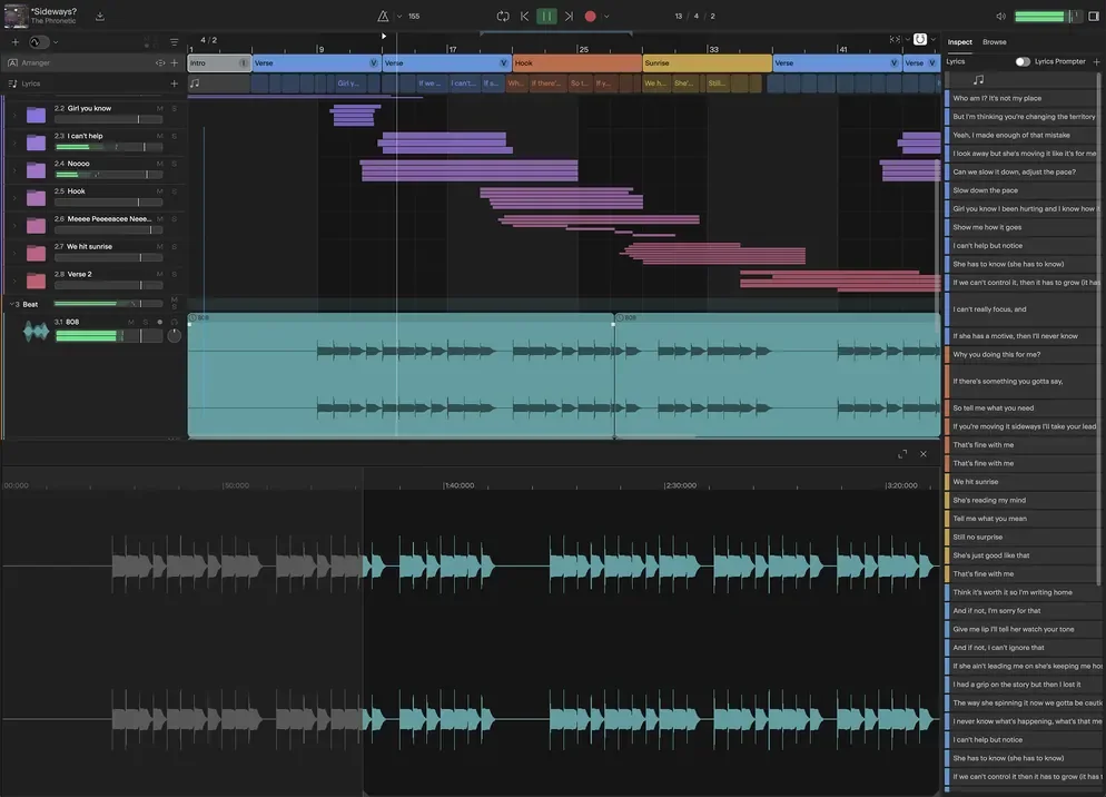 Cakewalk Next arrangement view with MIDI clips, an audio track and a lyrics panel
