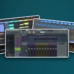 Real screenshots of FL Studio, Ableton Live, Logic Pro, Cakewalk Next and Bitwig Studio fanned out like cards on a deep teal background