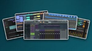 Real screenshots of FL Studio, Ableton Live, Logic Pro, Cakewalk Next and Bitwig Studio fanned out like cards on a deep teal background