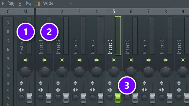 FL Studio Mixer with the Master track, insert tracks and a fader numbered 1 to 3