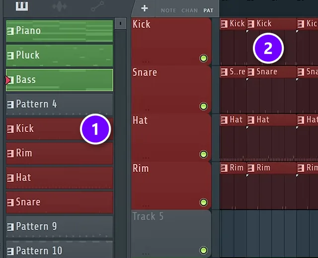 FL Studio Playlist with the pattern list on the left and kick, snare, hat and rim clips on tracks, numbered 1 and 2