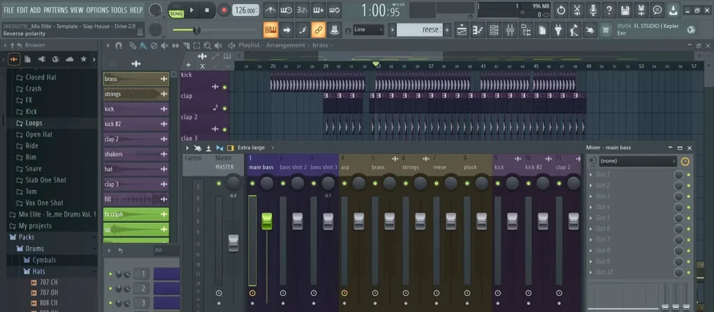 FL Studio with the Browser, the Playlist, the Channel Rack and an extra large Mixer open in a house project from Max's free course