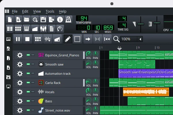 LMMS song editor with piano, synth, automation, vocal and bass tracks