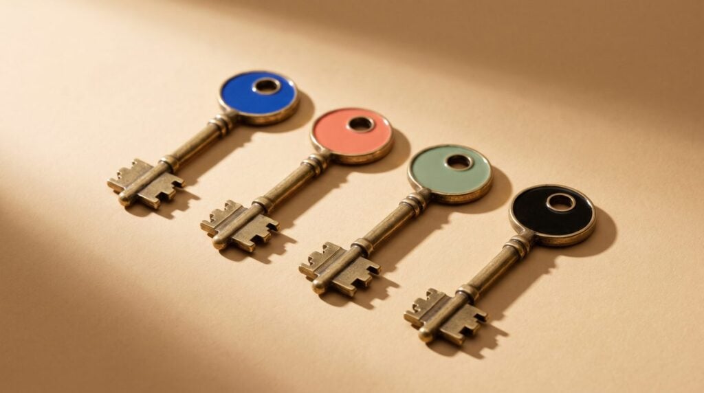 Four identical brass keys with different colored heads in a row on a seamless background, like four DAWs that open the same door