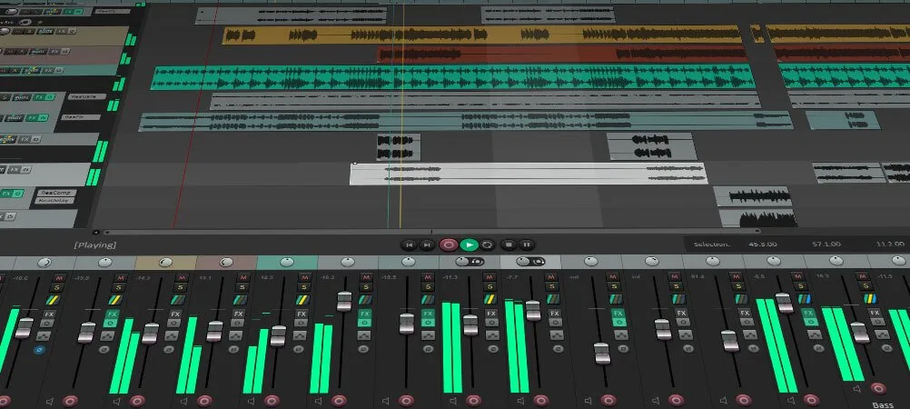 REAPER 7 arrange view with tracks, track lanes and a mixer, shown in perspective