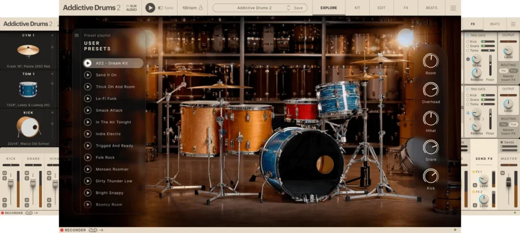 Addictive Drums 2 by XLN Audio with its preset list, drum kit and mixer