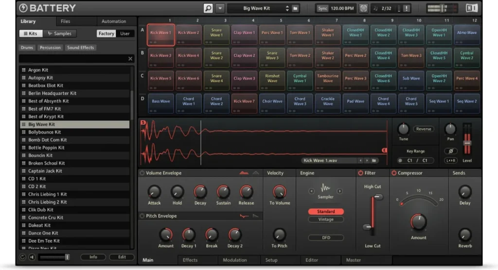 Battery 4 by Native Instruments with its kit list, grid of drum cells and sound controls